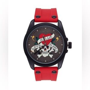 Ed Hardy Solid Red Strap with “Love Kills Slowly” Skull Watch
